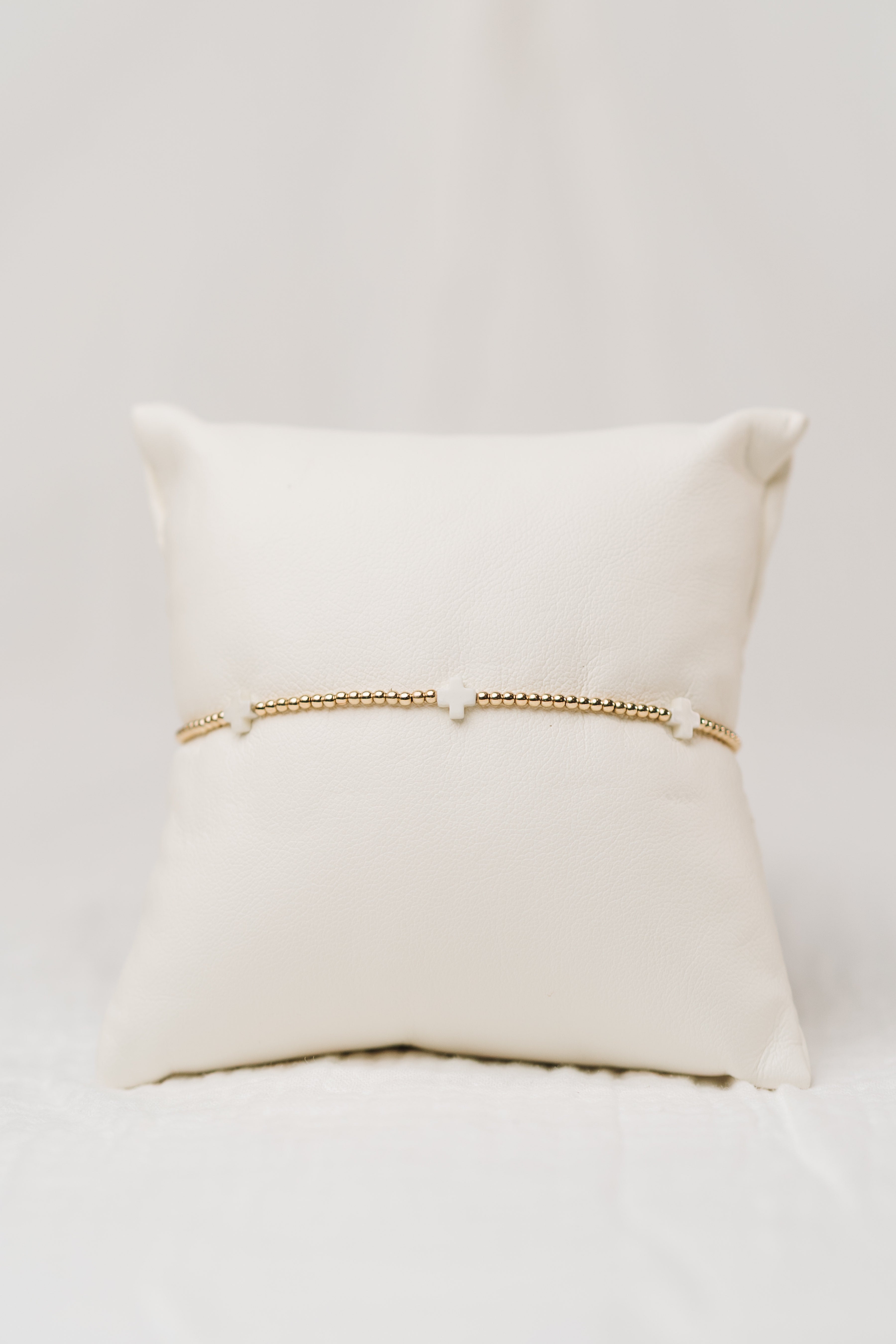 Signature Gold Small Cross 2mm Bead Bracelet - Off White