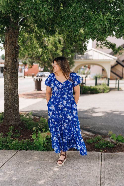 Bright Blue Floral Puff Sleeve Tiered Maxi Dress