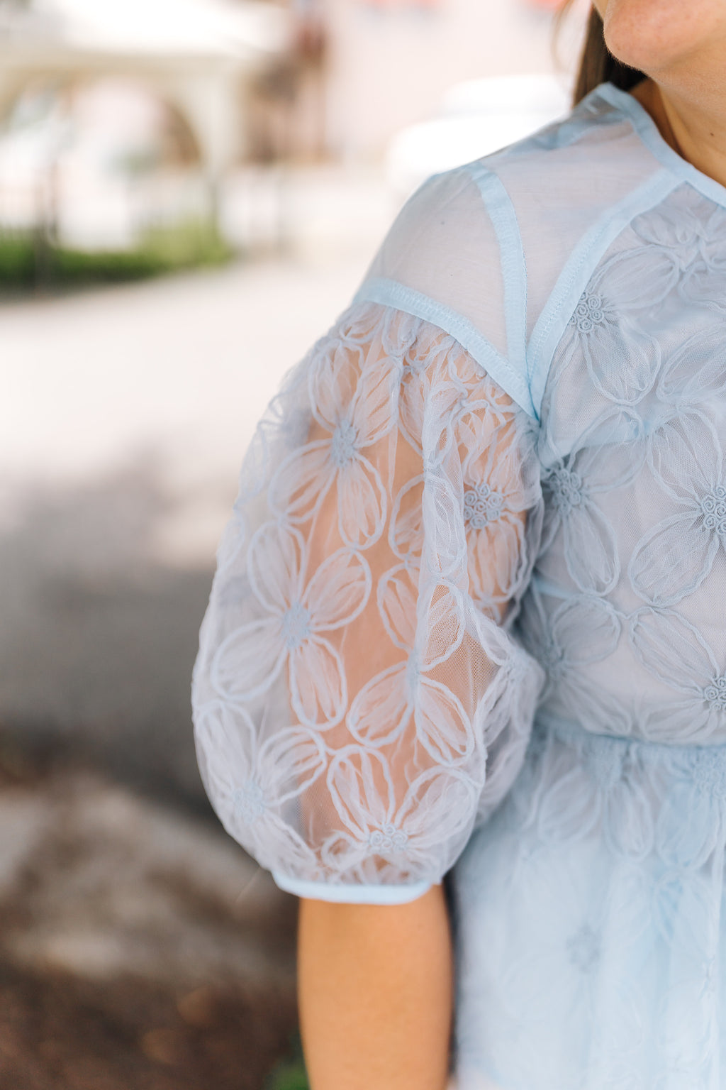Floral Embroidered Sheer Peplum Blouse - Misty Blue