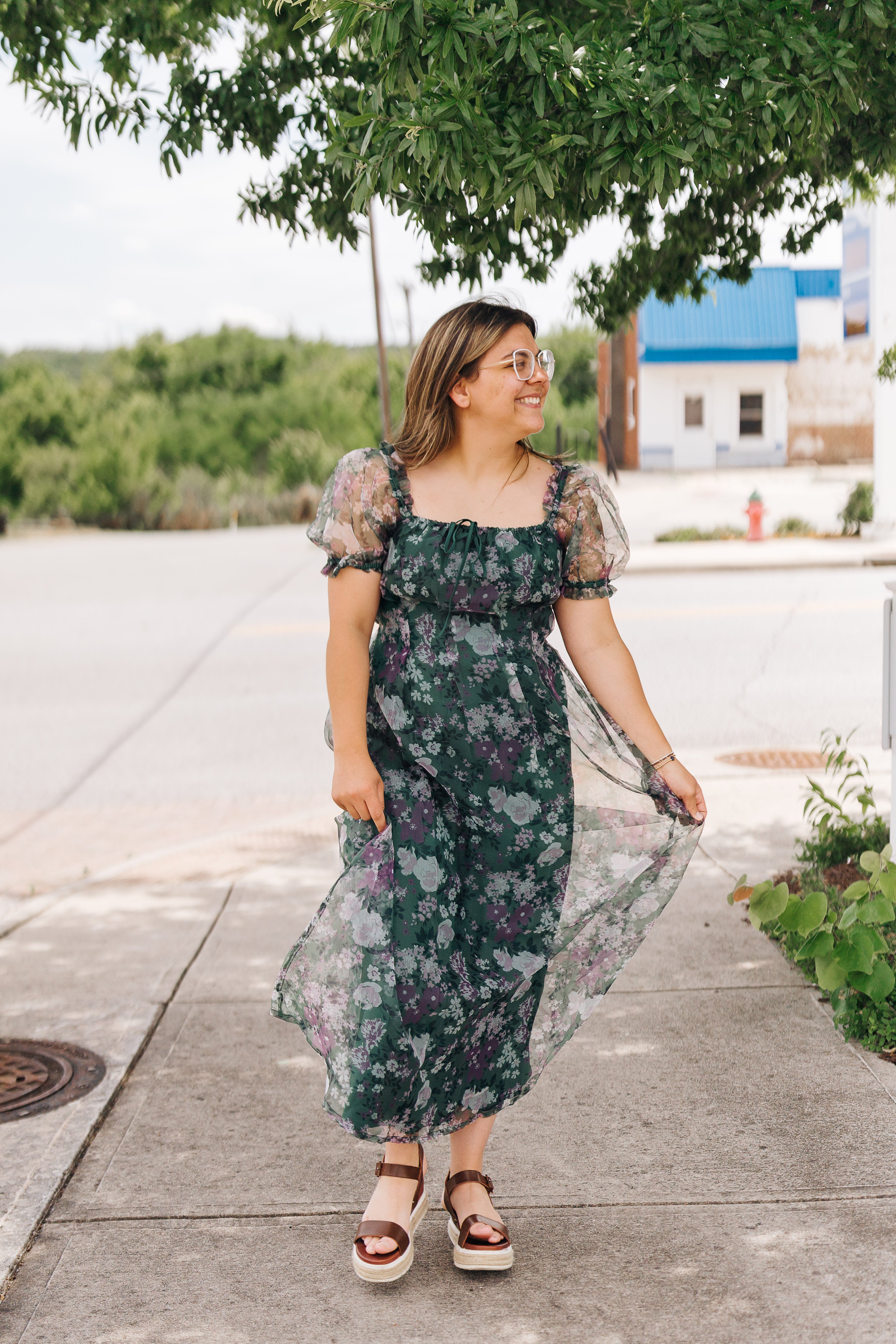 Green Organza Puff Sleeve Floral Maxi Dress