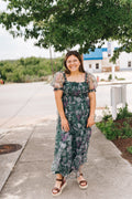 Green Organza Puff Sleeve Floral Maxi Dress