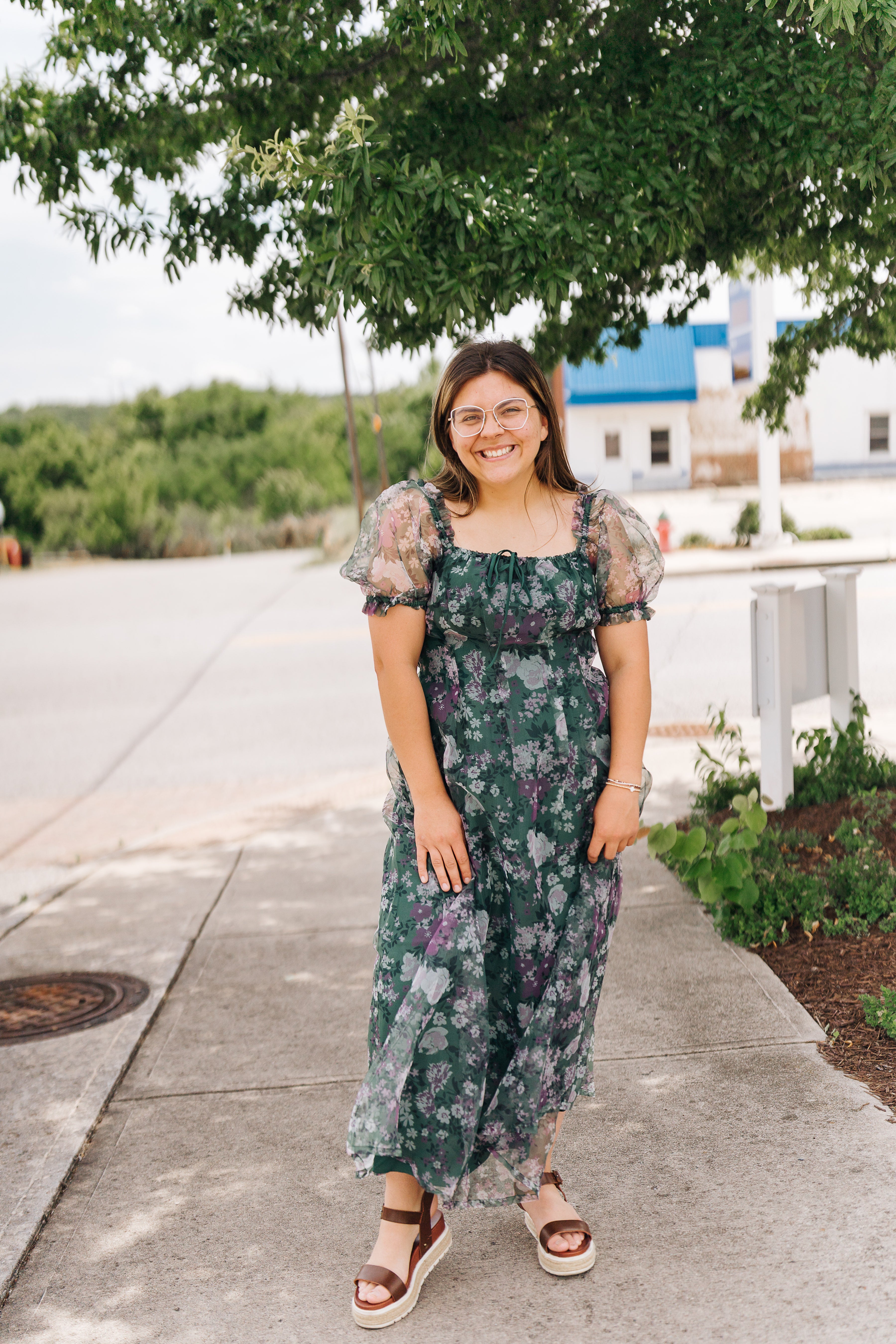 Green Organza Puff Sleeve Floral Maxi Dress