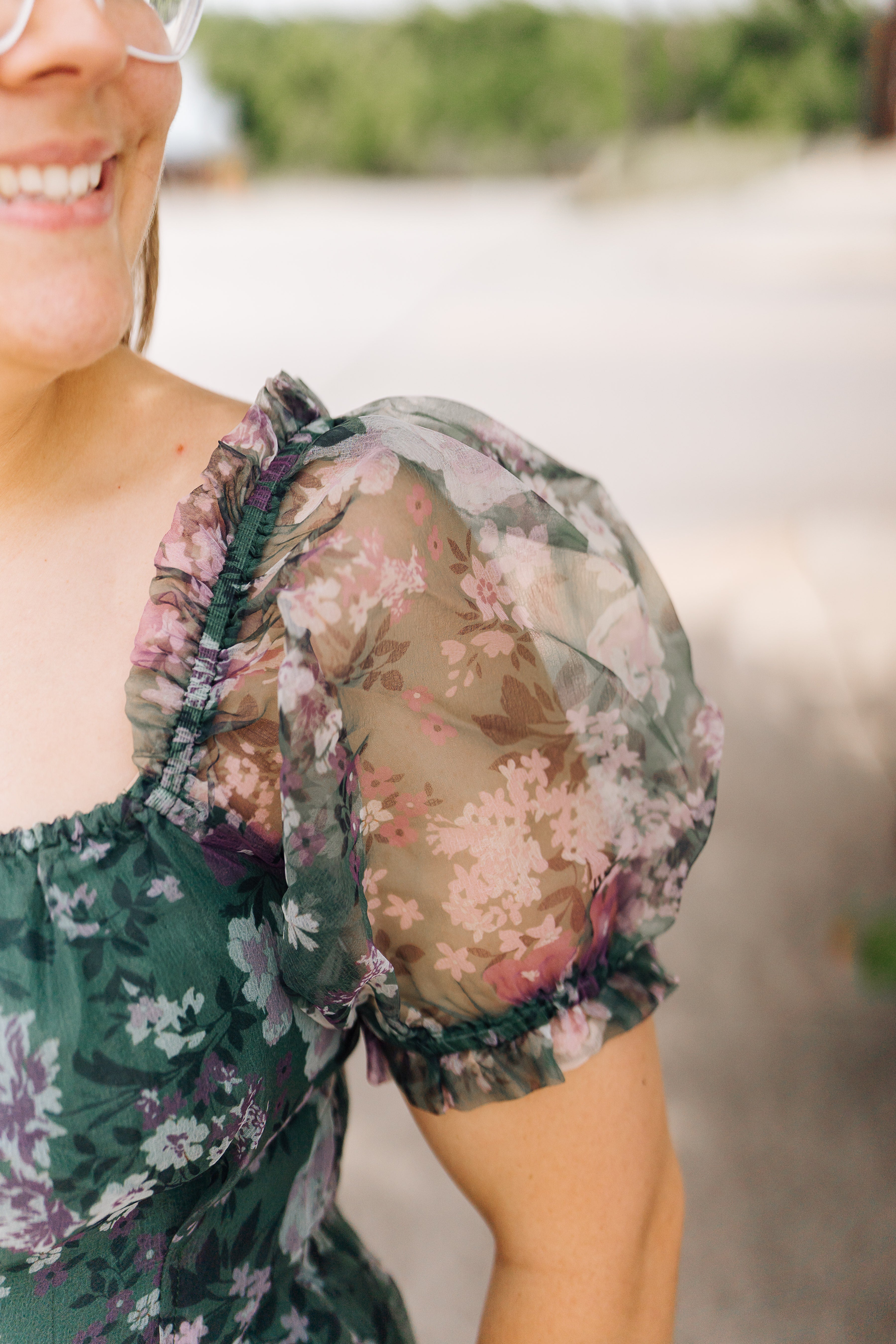 Green Organza Puff Sleeve Floral Maxi Dress