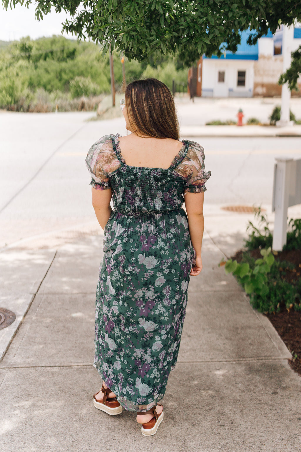 Green Organza Puff Sleeve Floral Maxi Dress