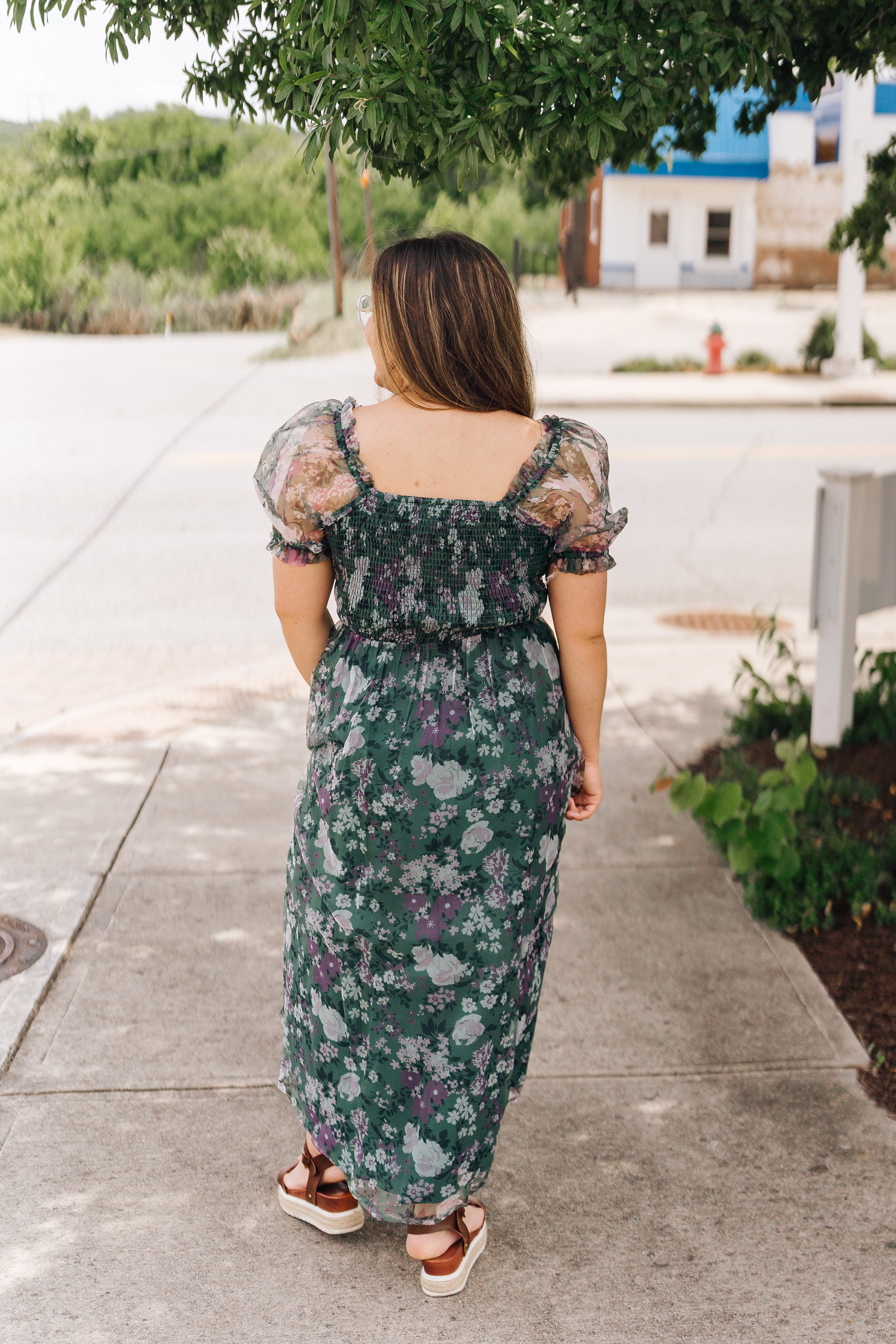 Green Organza Puff Sleeve Floral Maxi Dress