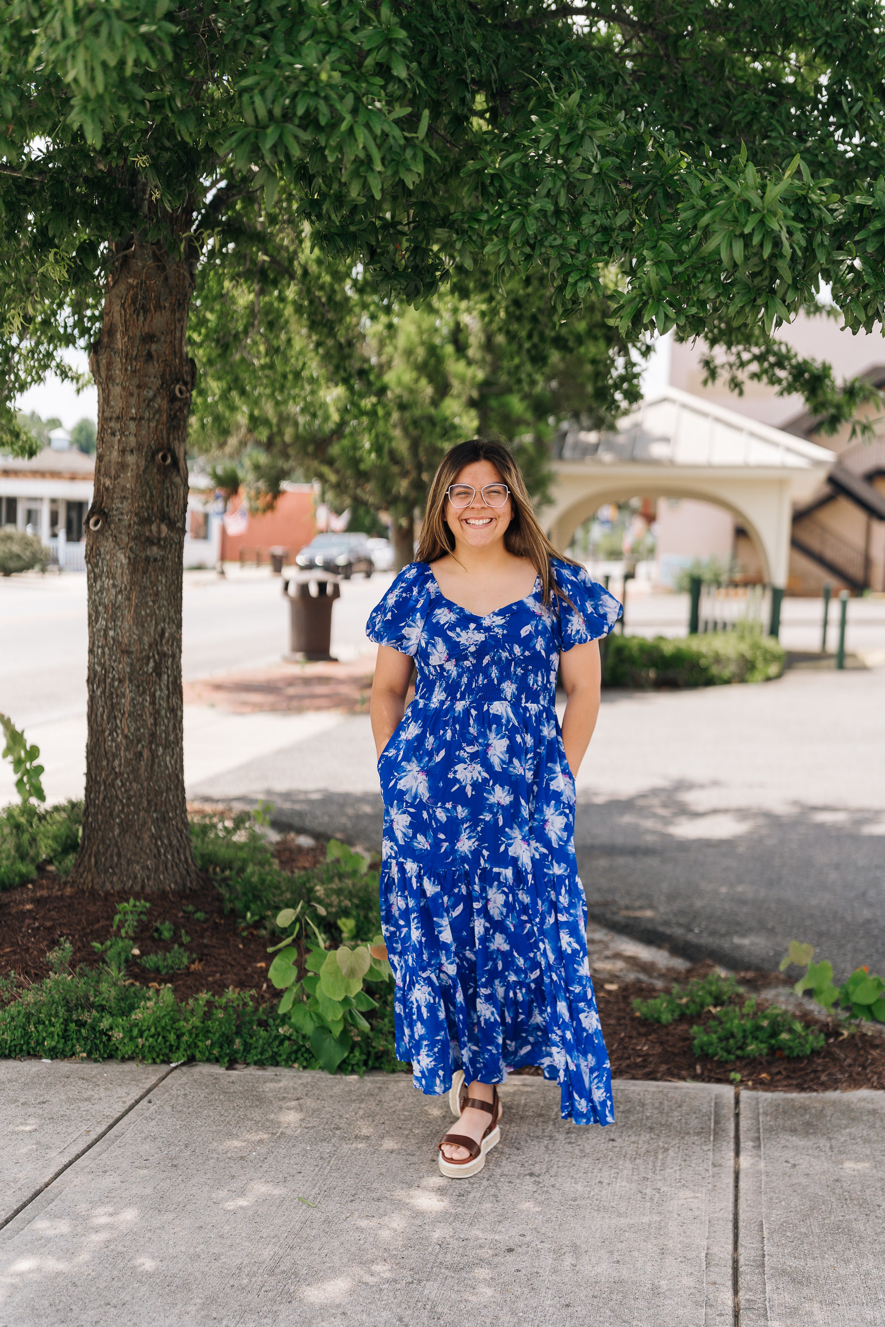 Bright Blue Floral Puff Sleeve Tiered Maxi Dress