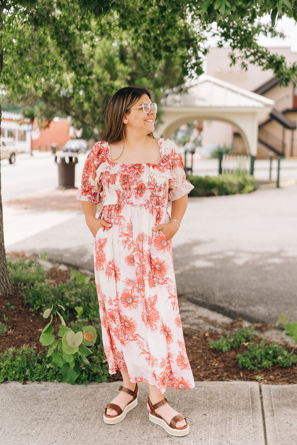 Red Floral Smocked Midi Dress