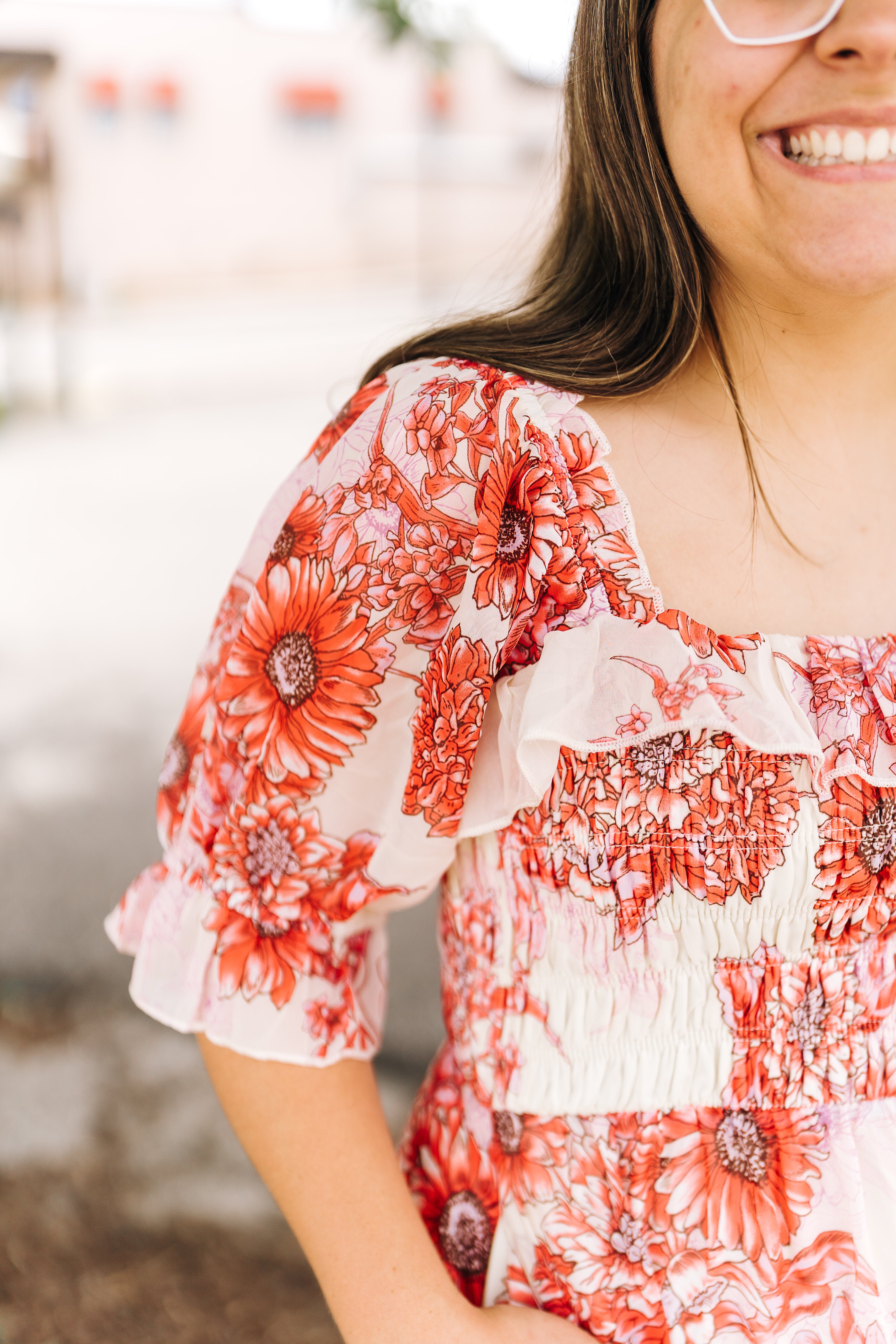 Red Floral Smocked Midi Dress