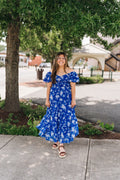 Bright Blue Floral Puff Sleeve Tiered Maxi Dress