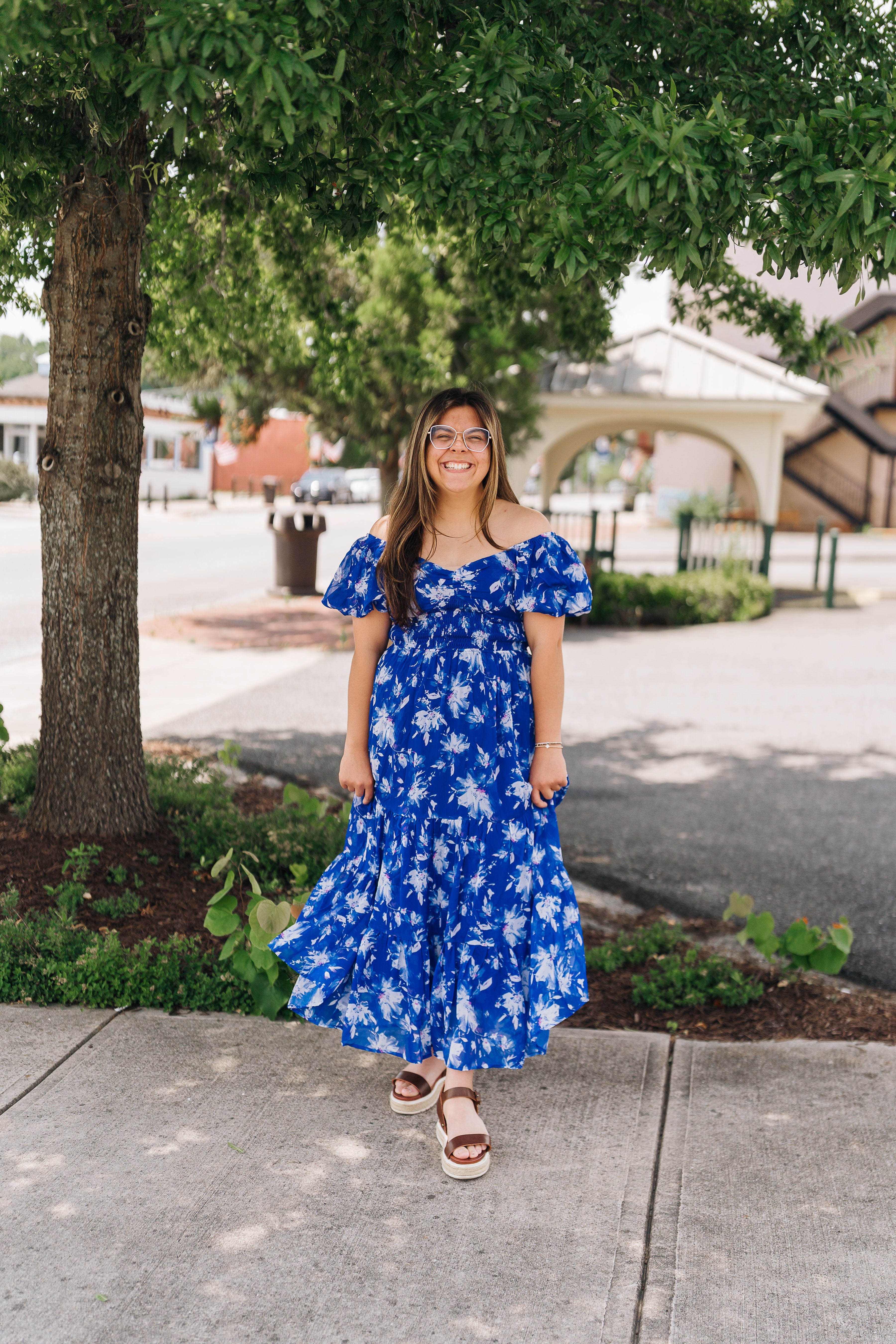 Bright Blue Floral Puff Sleeve Tiered Maxi Dress