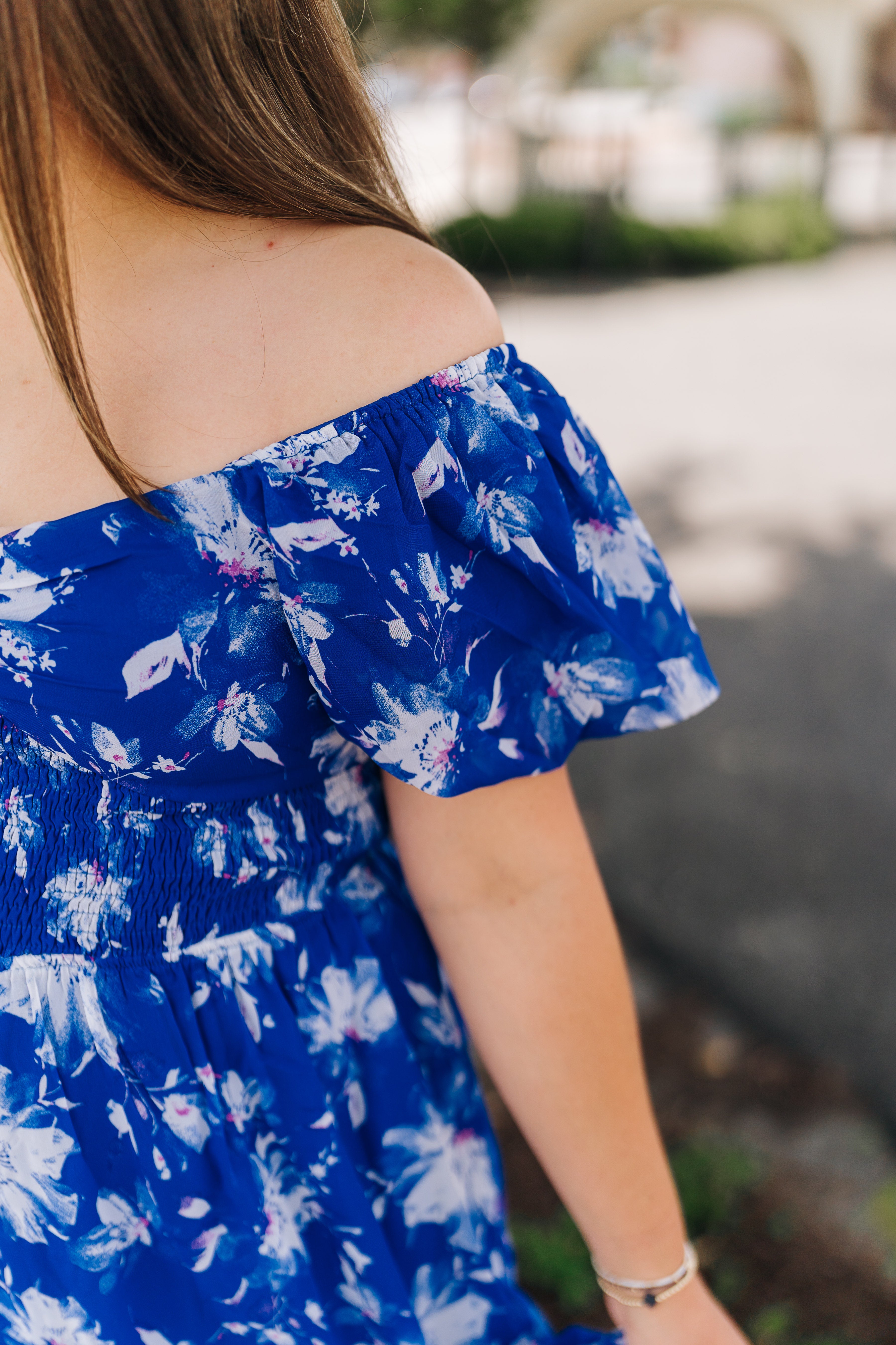 Bright Blue Floral Puff Sleeve Tiered Maxi Dress