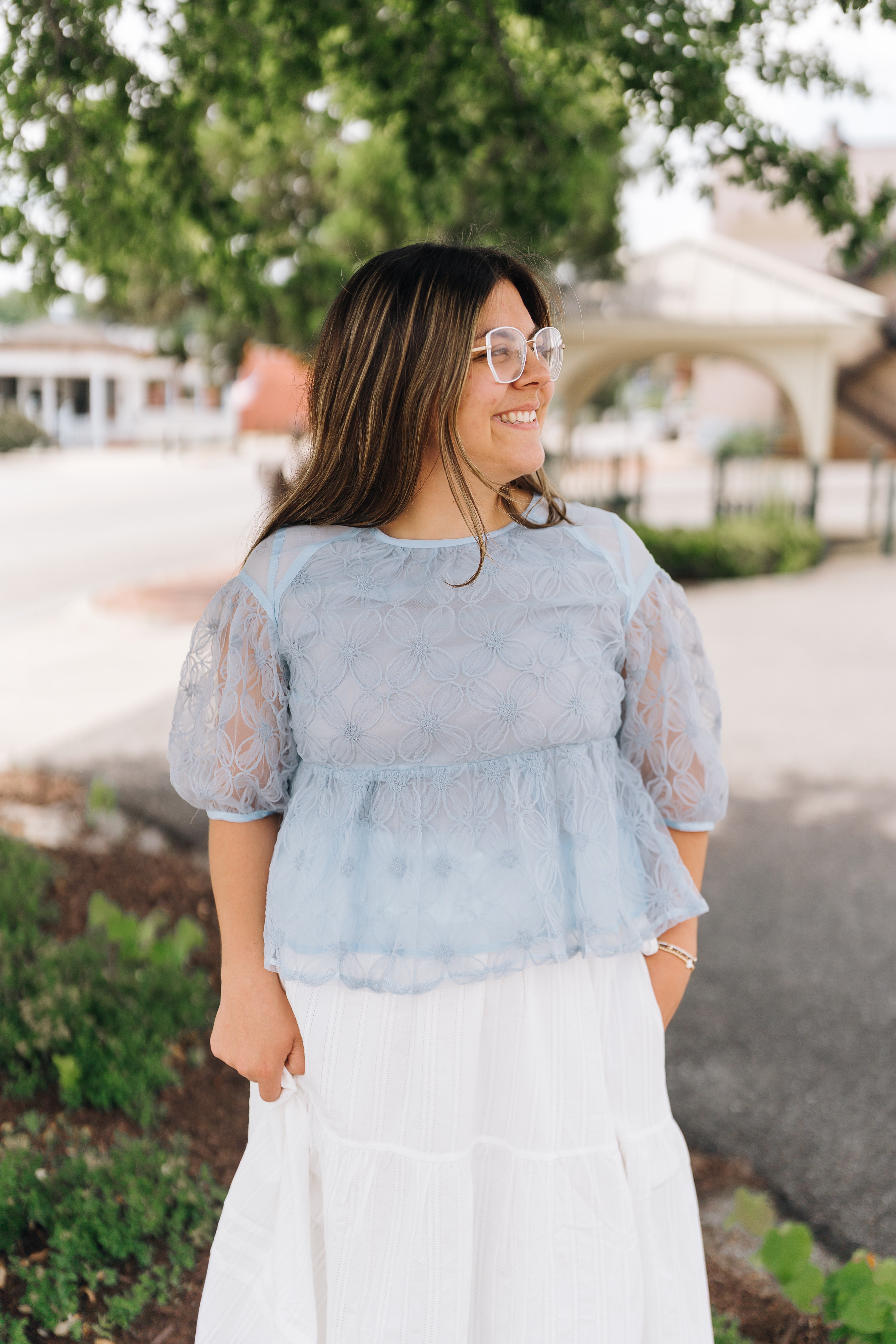 Floral Embroidered Sheer Peplum Blouse - Misty Blue
