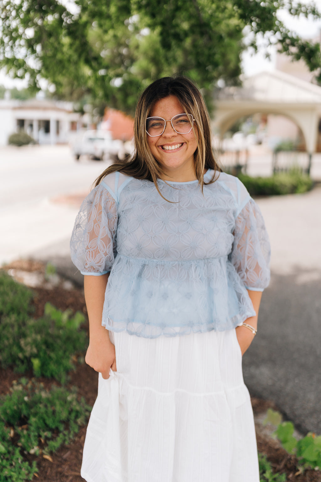 Floral Embroidered Sheer Peplum Blouse - Misty Blue