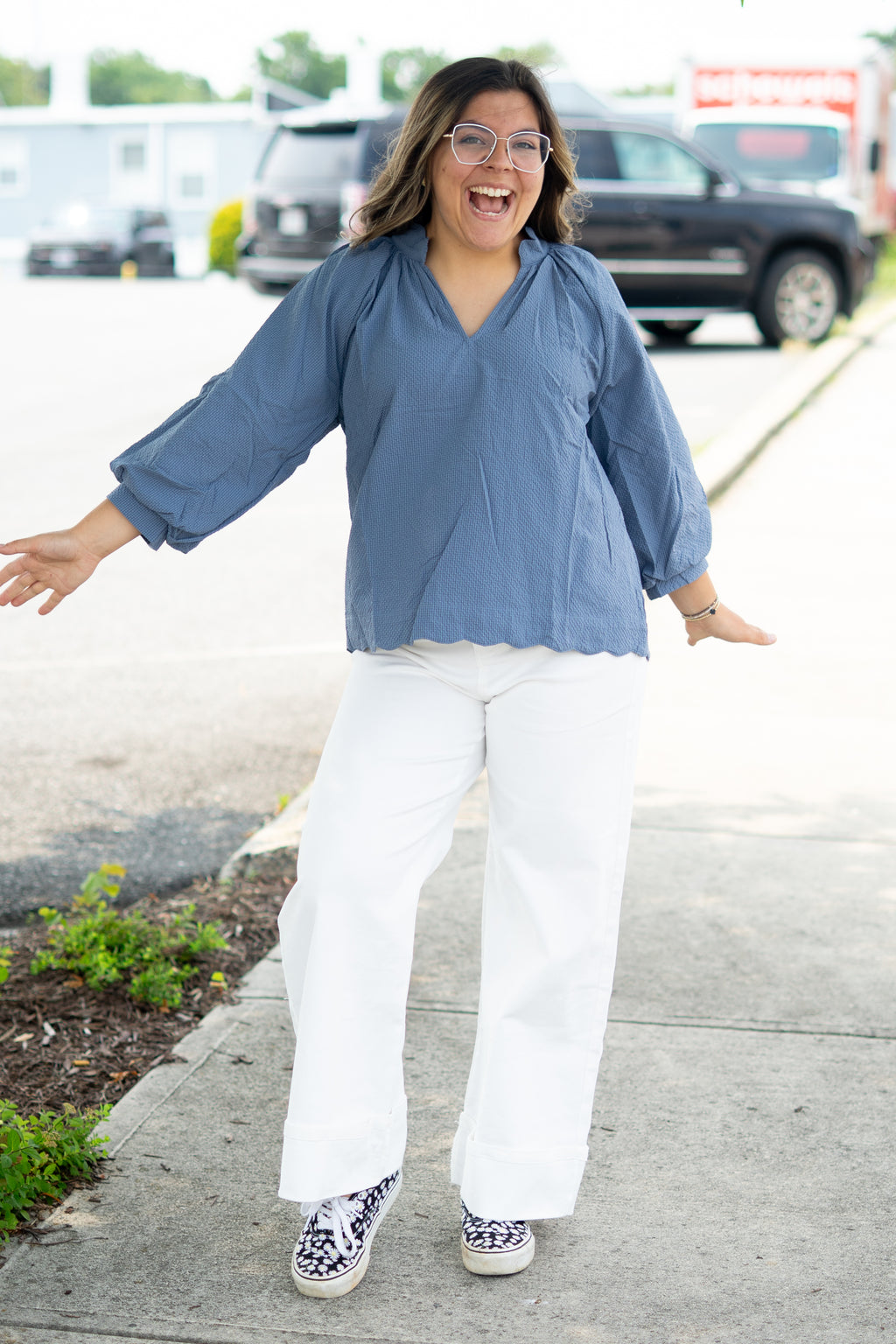 Steel Blue Balloon Sleeve Top