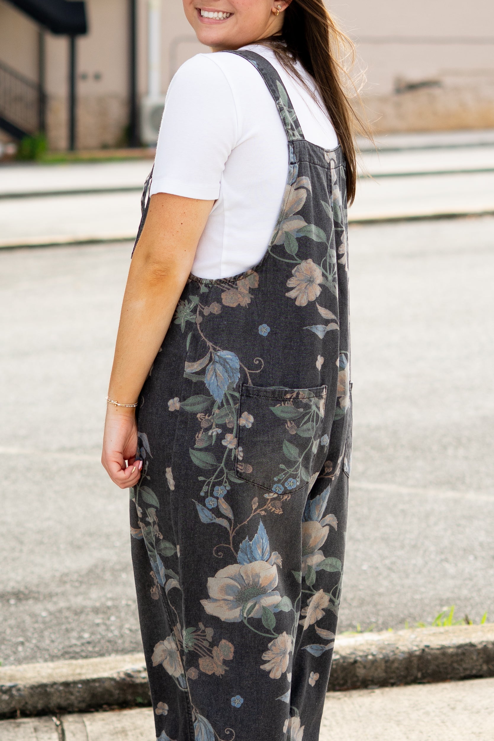 Floral Black Denim Overalls