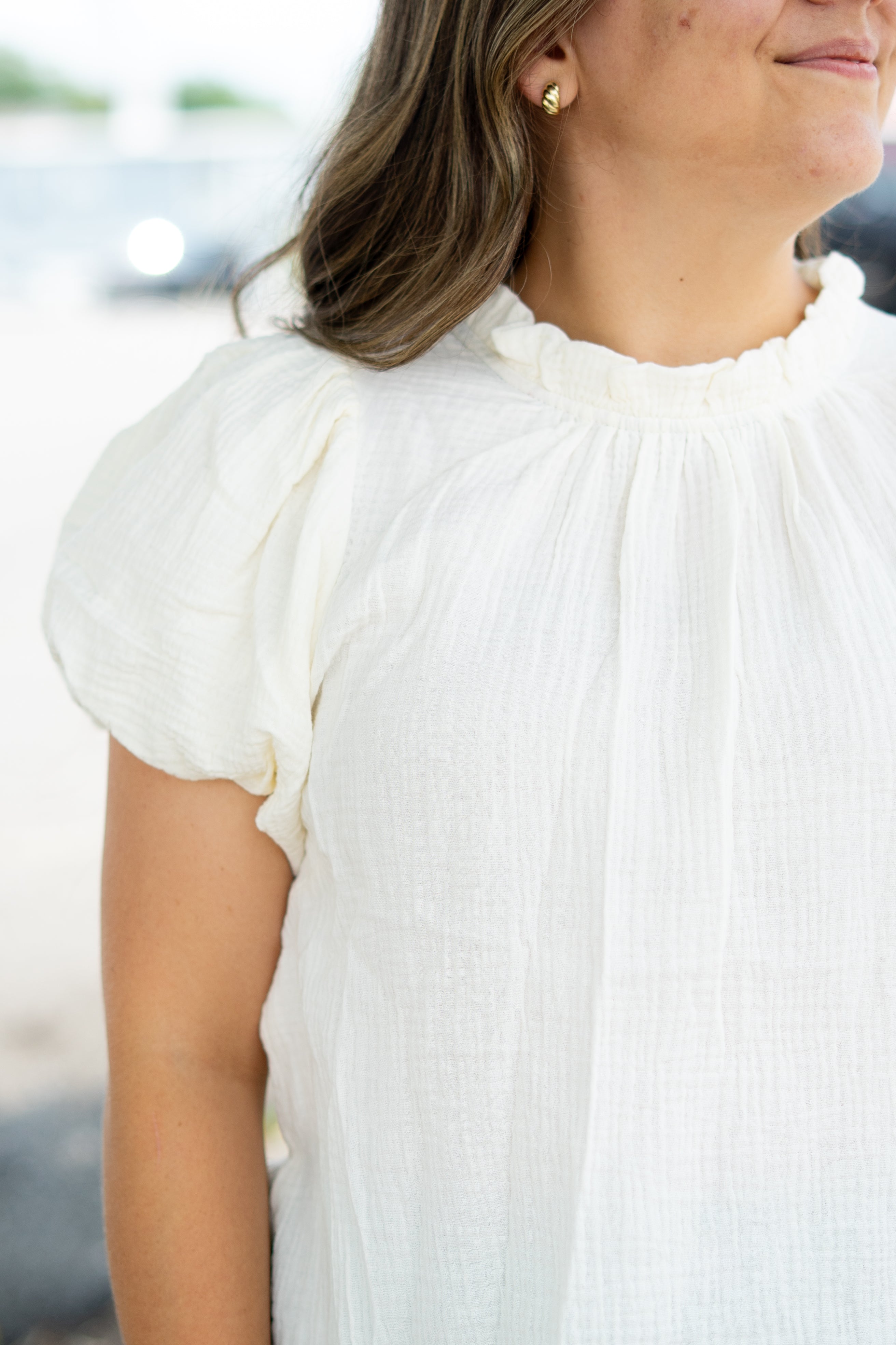 Cream Gauze Ruffle Neck Boho Top