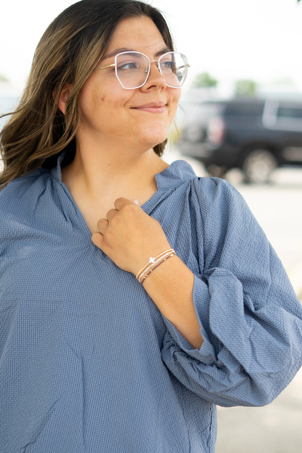 Steel Blue Balloon Sleeve Top