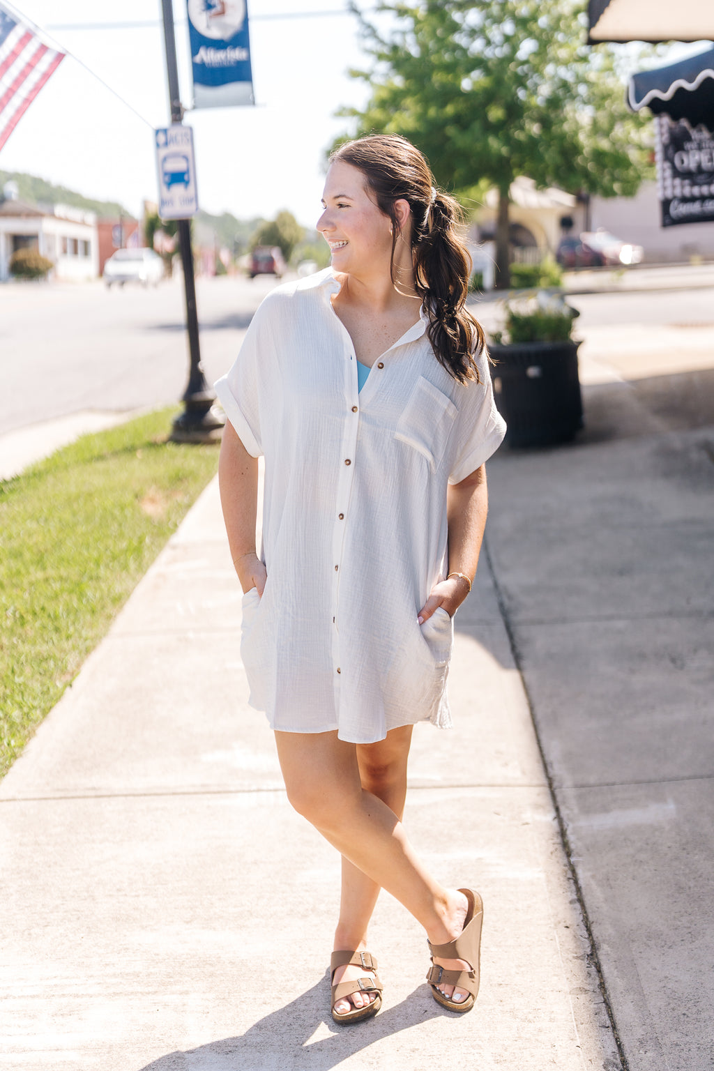 Button Up Shirt Dress With Pocket