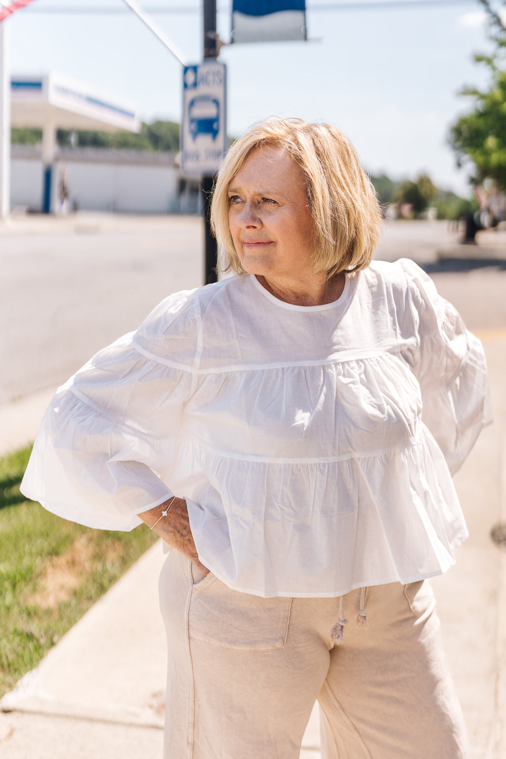 White Tiered Relaxed Crop Blouse